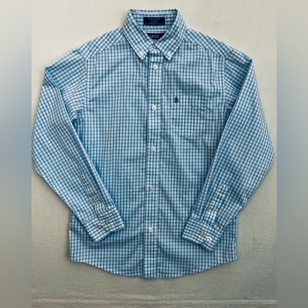 IZOD Classic Blue Gingham Button Down Shirt Boys Medium 10/12 Stretch Cotton - Picture 2 of 4
